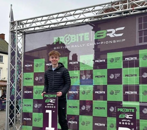 Joshua Worrall on the podium at British Rally Championship